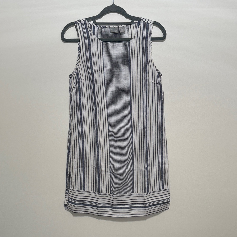 Linen - Striped Sleeveless Shift Dress in Navy and White